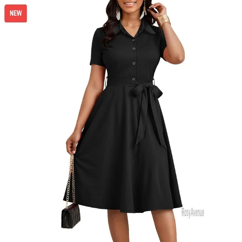 Midi V-Neck Button Dress with Pockets and Belt - Lightweight Polyester